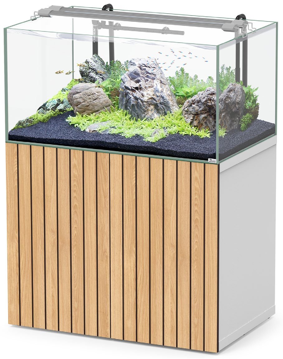 Aquarium Aquatlantis Aquascape Ultra avec meuble bois et décor aquascapé