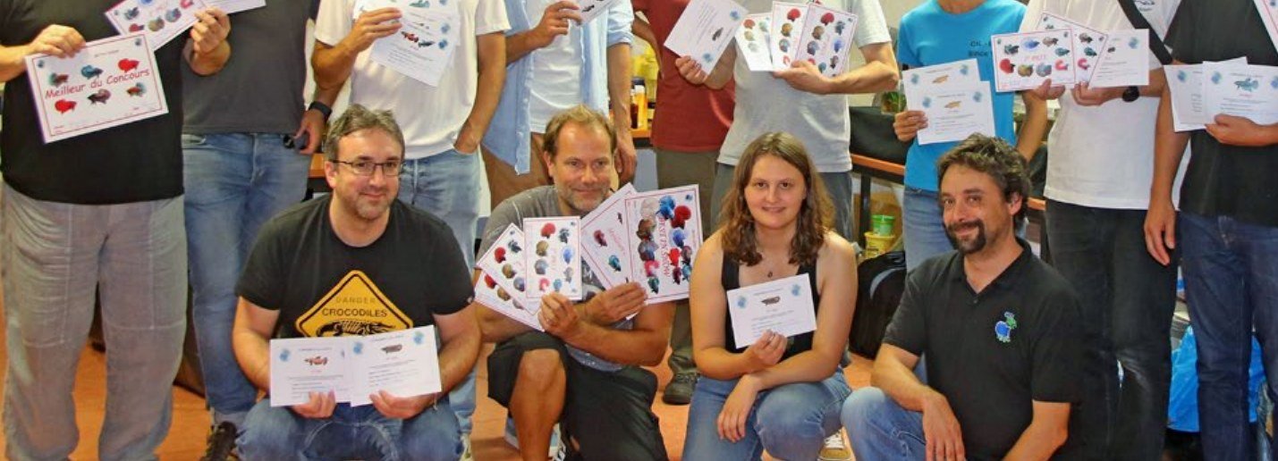 Eleveurs recompenses brandissant leurs diplomes au concours Show Betta du congres CIL-IBSC a Dijon
