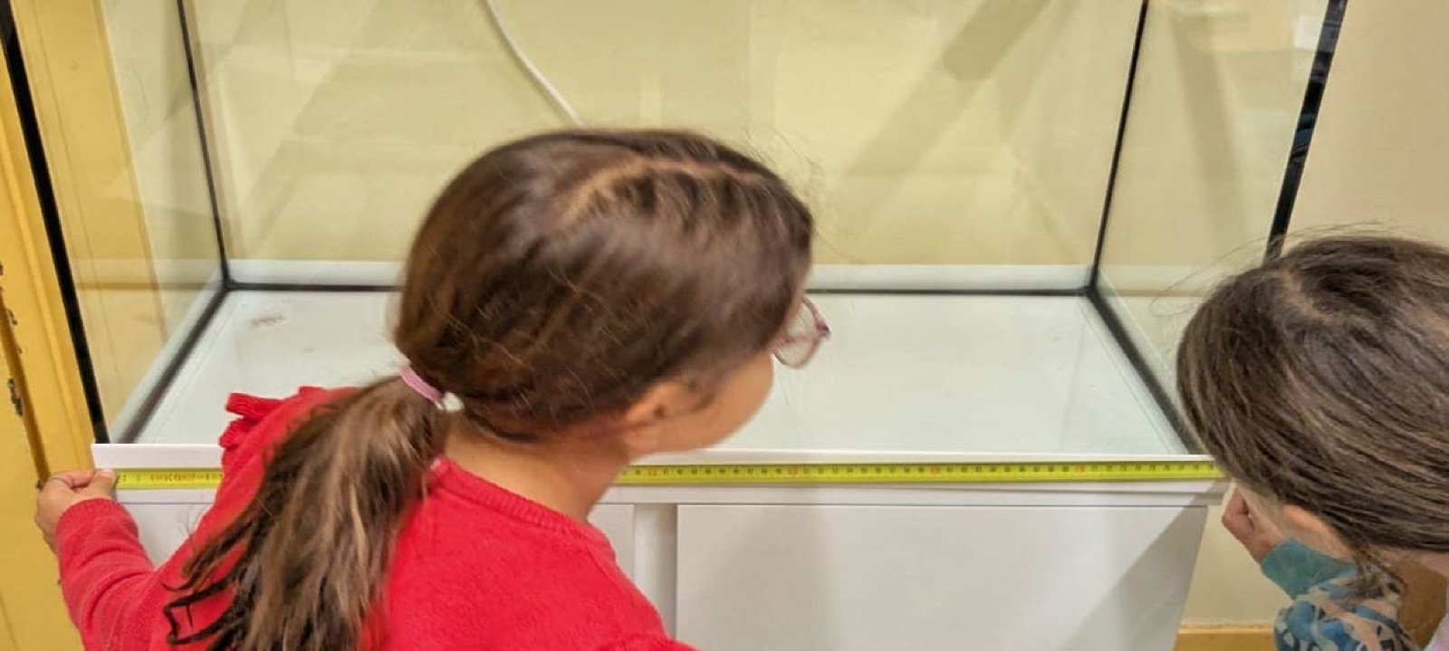 Deux élèves mesurent un aquarium pour en calculer le volume