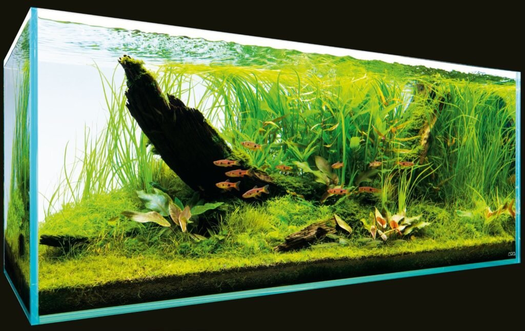 Aquascape Nature Aquarium de Yusuke Homma : racine sombre et plantes vertes luxuriantes dans un Cube Garden ADA