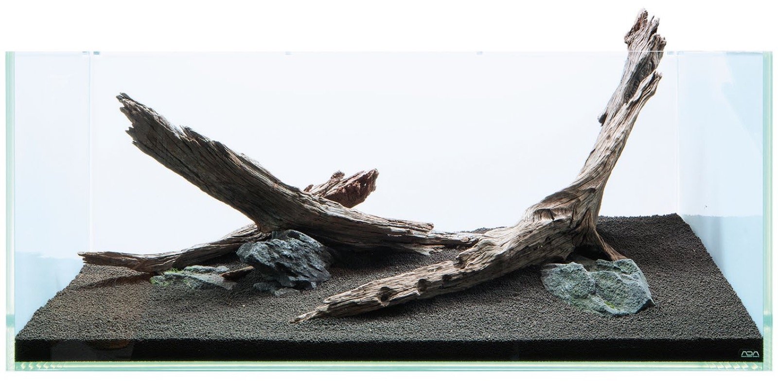 Hardscape de l'aquascape : pièces de bois disposées en V avec quelques roches sur un substrat foncé