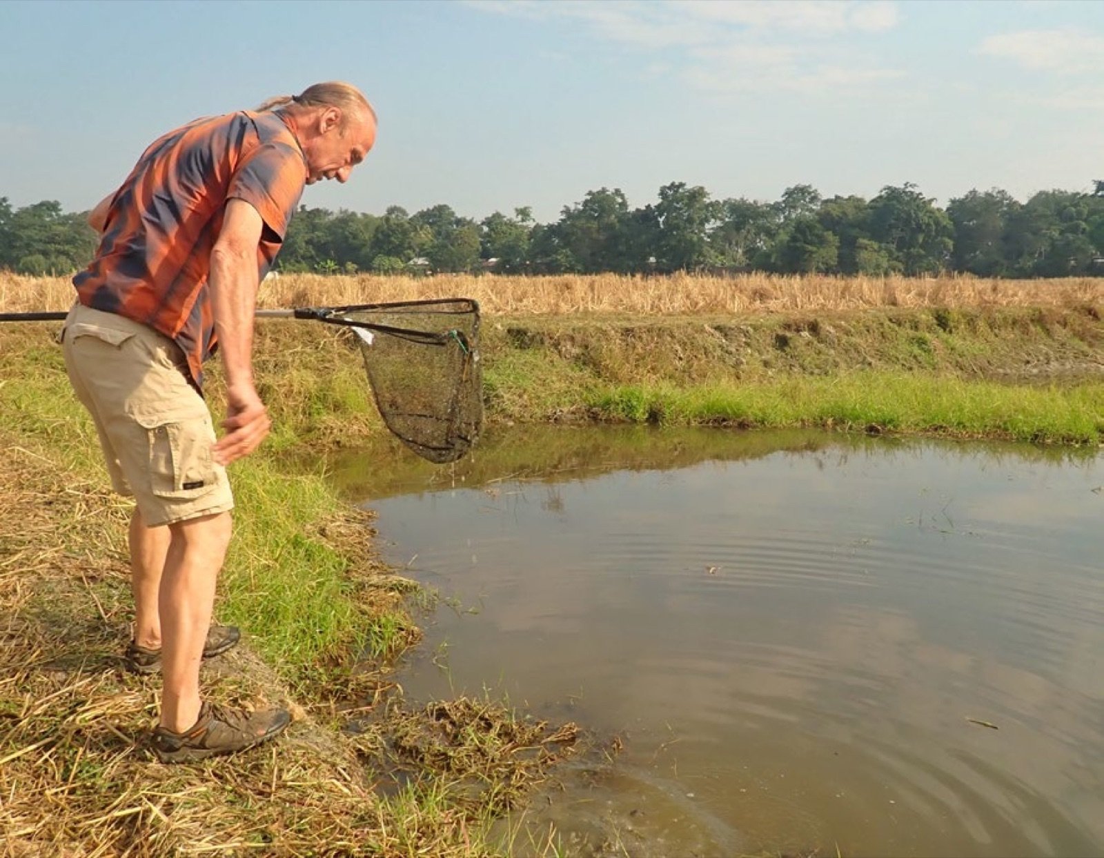 Didier épuisette à la main au bord d'une rizière de Majuli