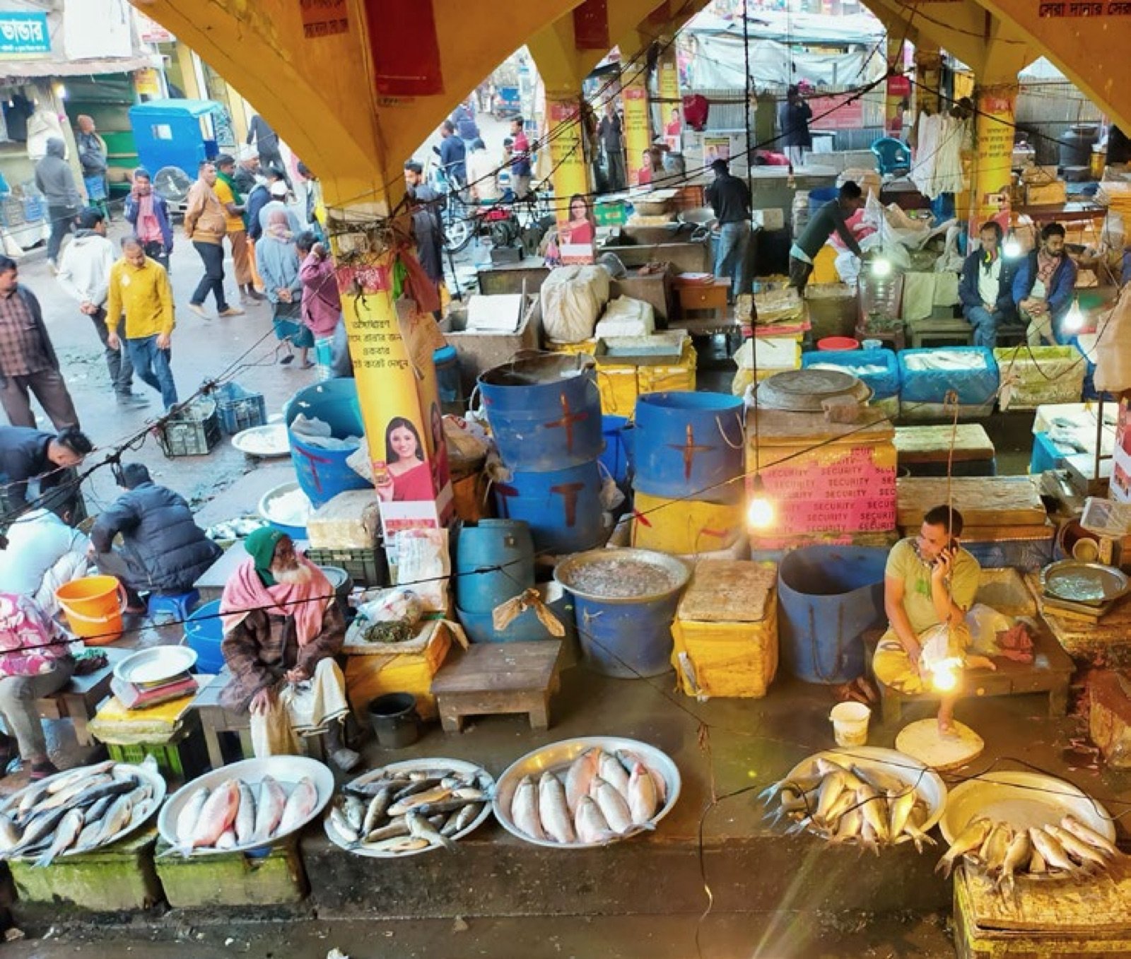 Vue d'ensemble d'un marché aux poissons au Bangladesh